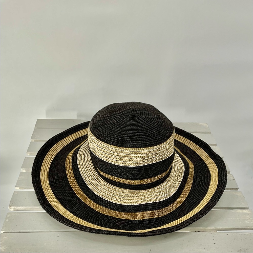 Chic Foldable Striped Black and Tan Sun Straw Hat